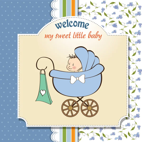 Dziecko chłopiec zapowiedź karty z dzieckiem i wózkiem — Zdjęcie stockowe