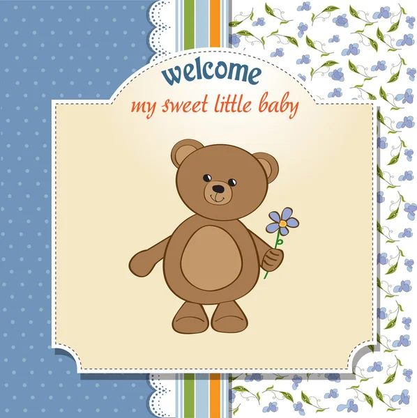 Új baba bejelentése kártya mackó és virág — Stock Fotó