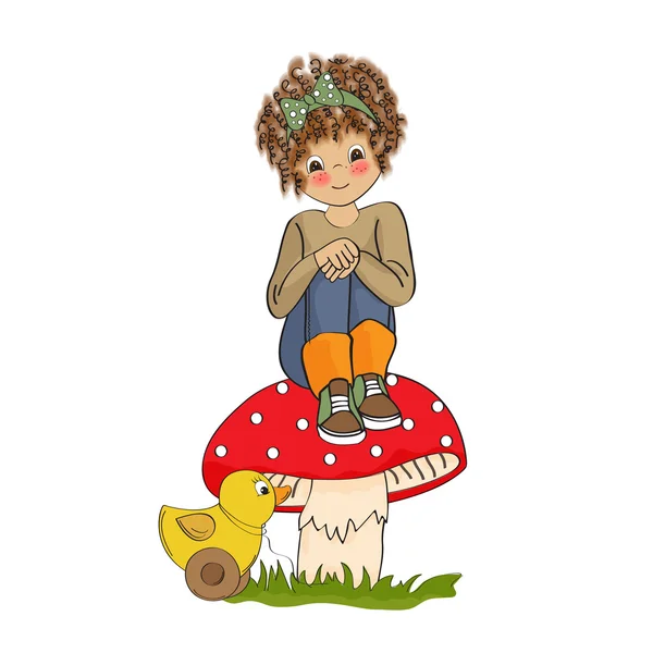 Kudrnatá dívka hra s její hračka kachna — Stock fotografie