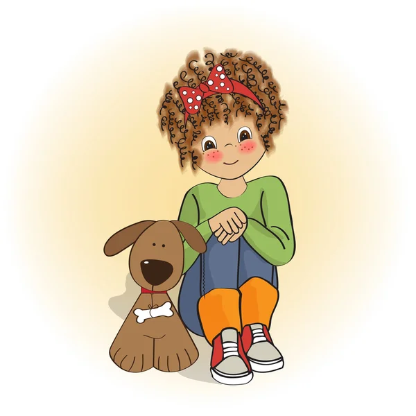 Curly little girl and her dog — Stock Photo, Image