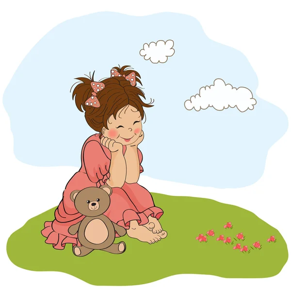 Klein baby meisje spelen met haar teddy beer speelgoed — Stockfoto