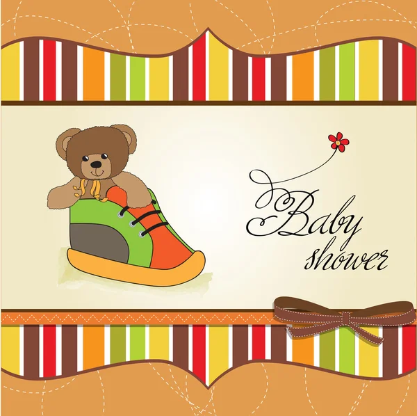 Shower card with teddy bear hidden in a shoe — Stock Photo, Image