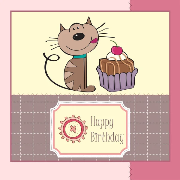 Tarjeta de felicitación de cumpleaños con un gato esperando para comer un pastel — Foto de Stock