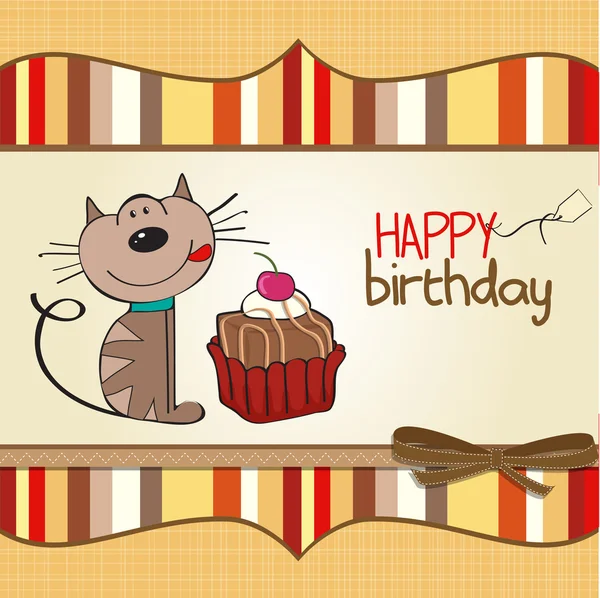 Birthday greeting card with a cat waiting to eat a cake — Stock Photo, Image