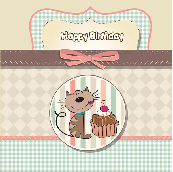 Cartão de aniversário com um gato esperando para comer um bolo — Fotografia de Stock