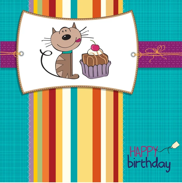 Geburtstagsgrußkarte mit einer Katze, die darauf wartet, einen Kuchen zu essen — Stockfoto
