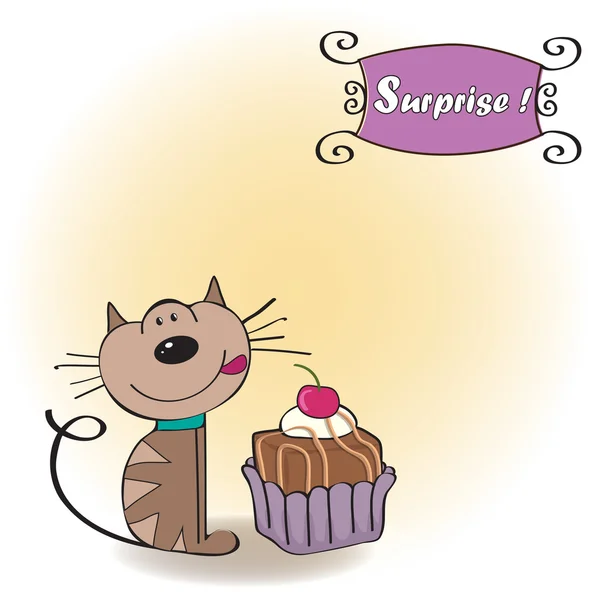 Gratulationskort födelsedag med en katt som väntar på att äta en tårta — Stockfoto