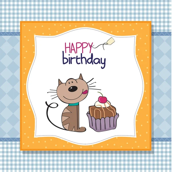 Carte de vœux d'anniversaire avec un chat attendant de manger un gâteau — Photo