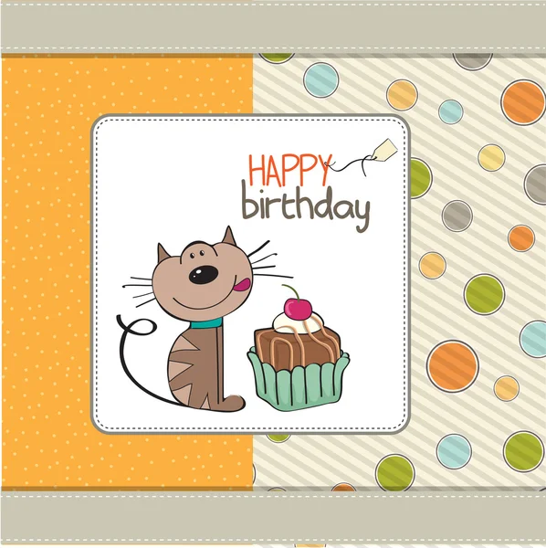 Birthday greeting card with a cat waiting to eat a cake — Stock Photo, Image