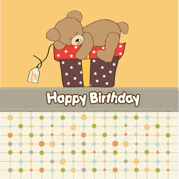 Přání k narozeninám s medvídkem a velkou dárkovou krabičkou — Stock fotografie