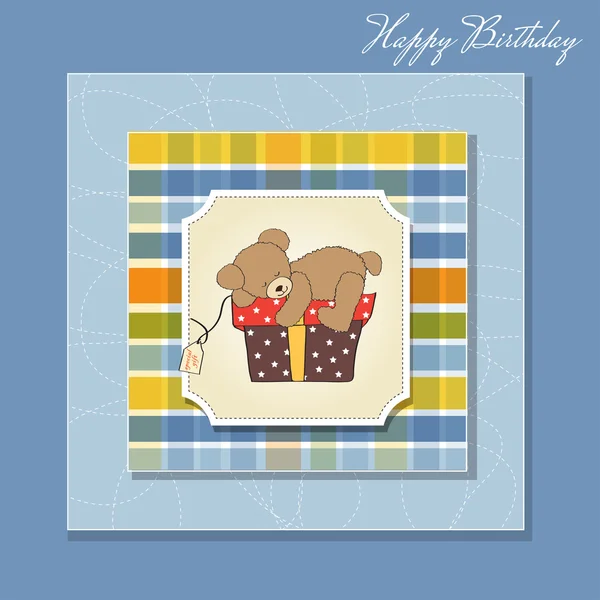 Verjaardagskaart met teddybeer en grote geschenkdoos — Stockfoto