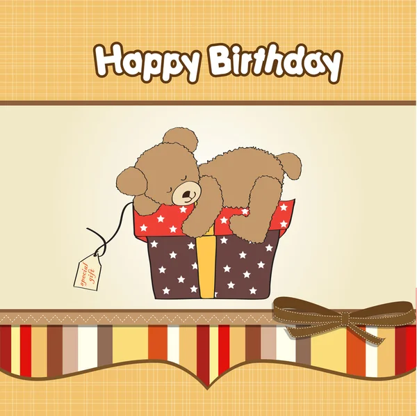 Tarjeta de felicitación de cumpleaños con oso de peluche y caja de regalo grande — Foto de Stock