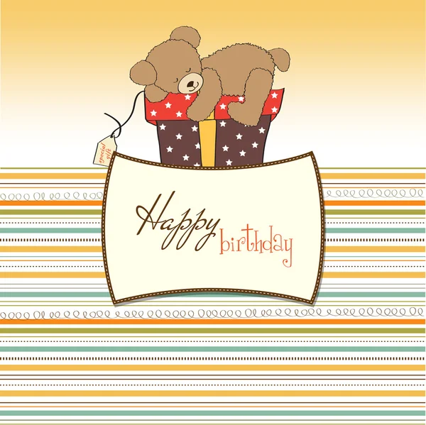 Birthday greeting card with teddy bear and big gift box — Stock Photo, Image