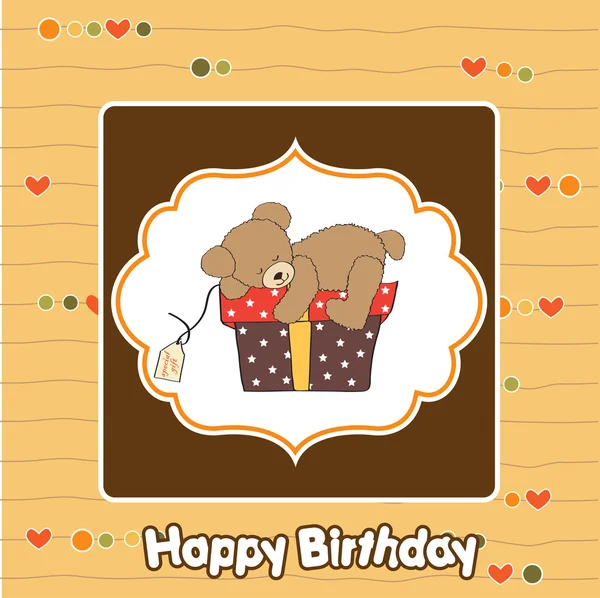 Carte de vœux d'anniversaire avec ours en peluche et grande boîte cadeau — Photo