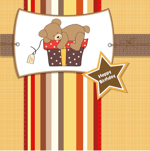 Ευχετήρια κάρτα γενεθλίων με αρκουδάκι και μεγάλο κουτί δώρου — Φωτογραφία Αρχείου