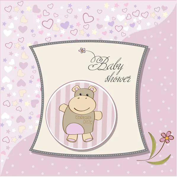 Çocukça bebek kız duş kartı ile hipopotam oyuncak — Stok fotoğraf