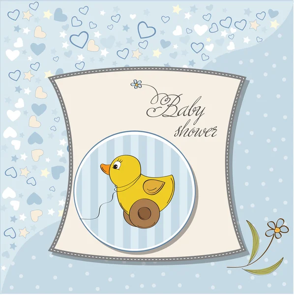 Bienvenido bebé niño tarjeta con pato juguete — Foto de Stock