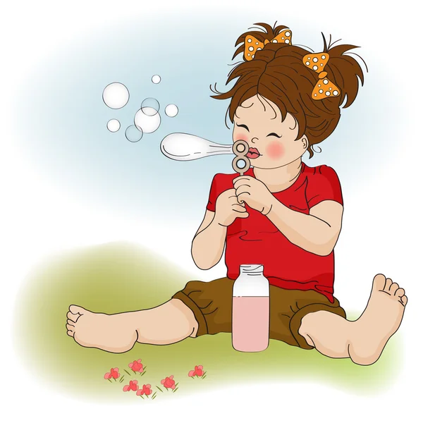 Divertido encantadora niña soplando burbujas de jabón — Foto de Stock