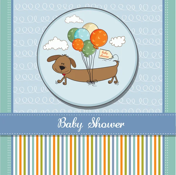Cartão de banho de bebê com cão longo e balões — Fotografia de Stock