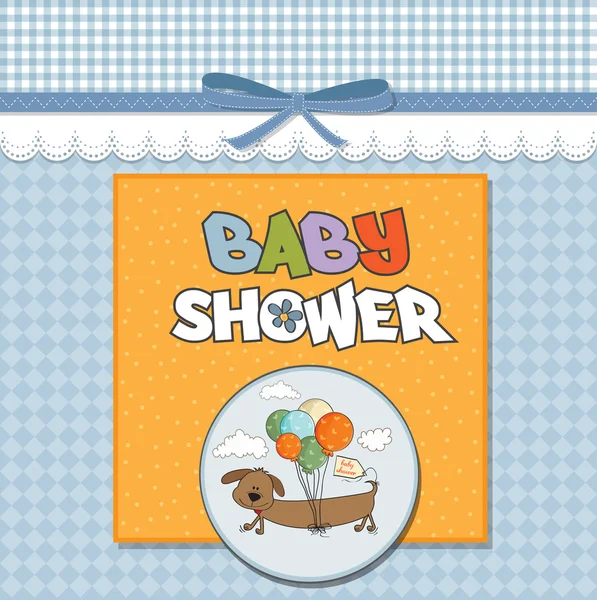 Cartão de banho de bebê com cão longo e balões — Fotografia de Stock