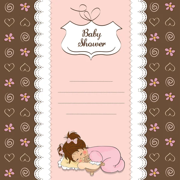 Little baby girl play with her teddy bear toy. new baby announcement card — Stock Photo, Image