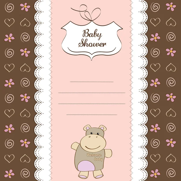 Nouvelle carte de douche bébé fille avec jouet hippopotame — Photo