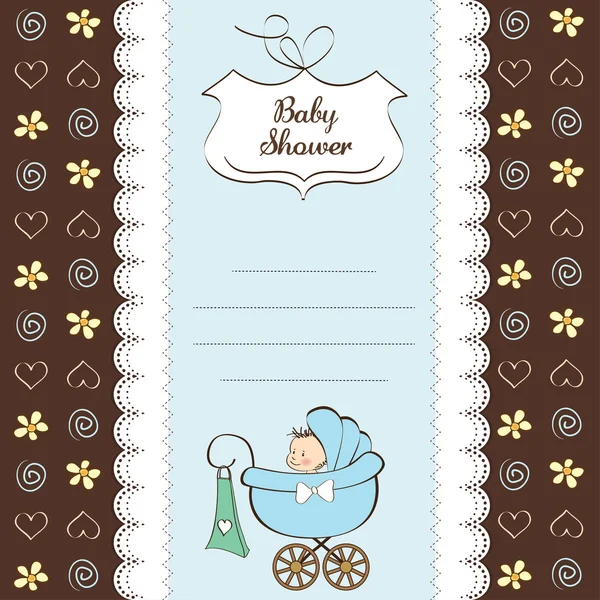 Baby jongen aankondiging kaart met baby en kinderwagen — Stockfoto