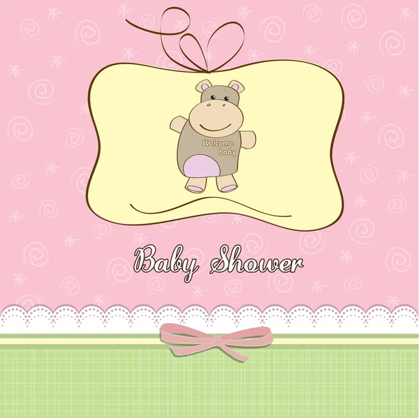Nueva tarjeta de ducha de niña con juguete hipopótamo —  Fotos de Stock