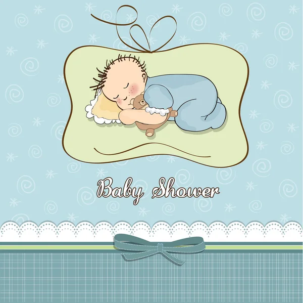 Küçük bebek oyuncak ayısıyla uyuyor. — Stok fotoğraf