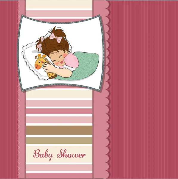 Baby shower card z małą dziewczynką i jej zabawką — Zdjęcie stockowe