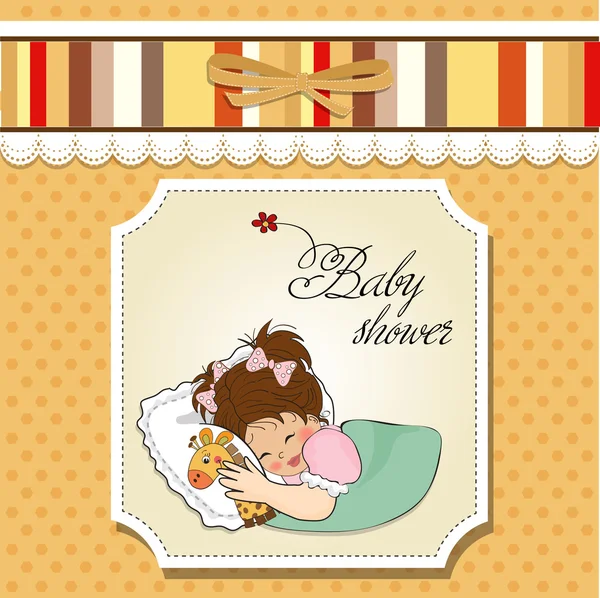 Küçük kız ve oyuncağıyla bebek partisi kartı. — Stok fotoğraf