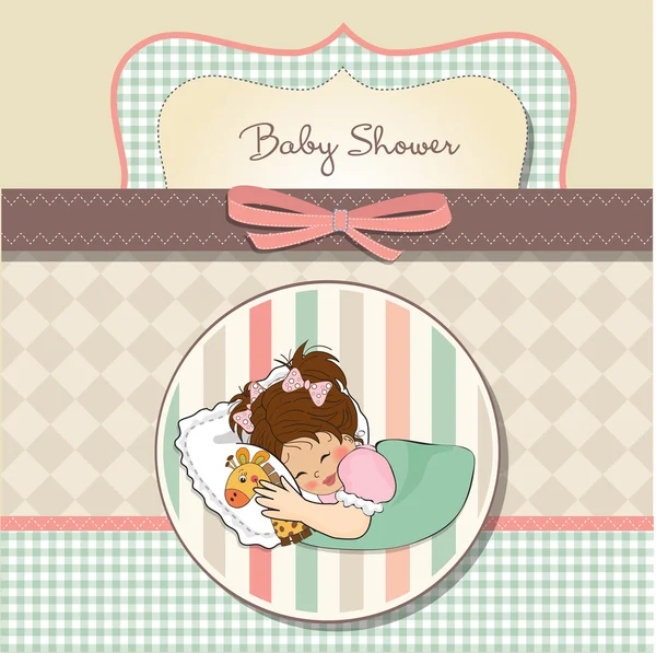 Tarjeta de ducha de bebé con niña y su juguete — Foto de Stock
