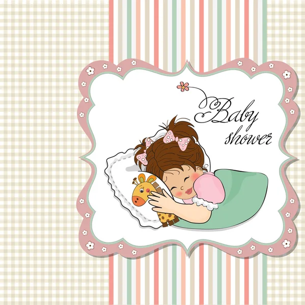 Baby douche kaart met klein meisje en haar speelgoed — Stockfoto