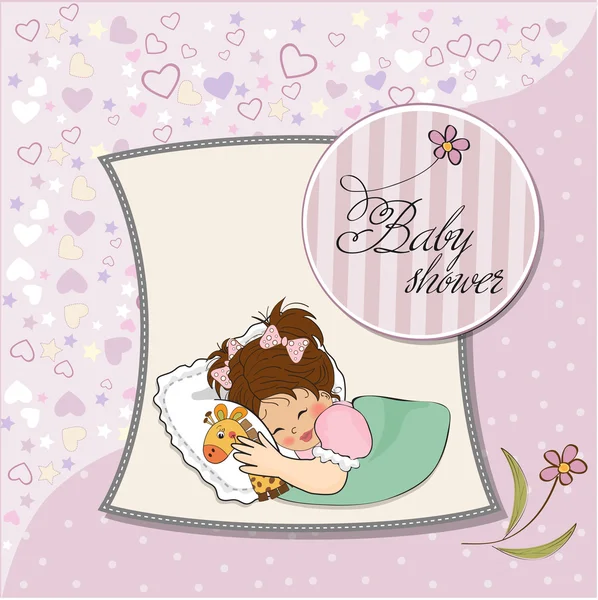 Baby shower card z małą dziewczynką i jej zabawką — Zdjęcie stockowe