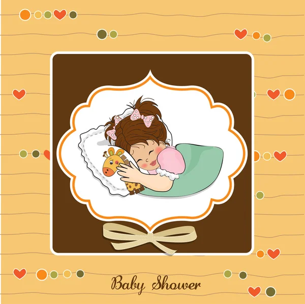 Cartão de chuveiro do bebê com a menina e seu brinquedo — Fotografia de Stock