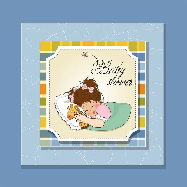 Baby douche kaart met klein meisje en haar speelgoed — Stockfoto