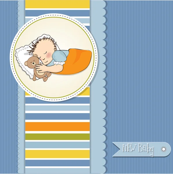 彼のテディー ・ ベアのおもちゃとの小さな赤ちゃん男の子睡眠。ベビー シャワー カード — ストック写真