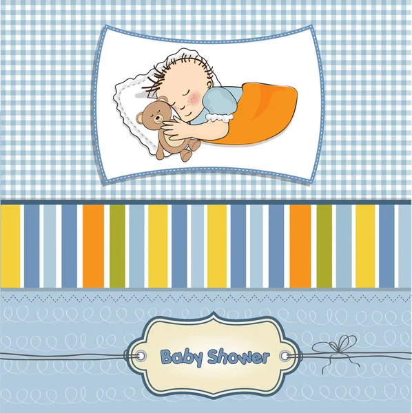 El niño duerme con su osito de peluche. Tarjeta de ducha bebé — Foto de Stock