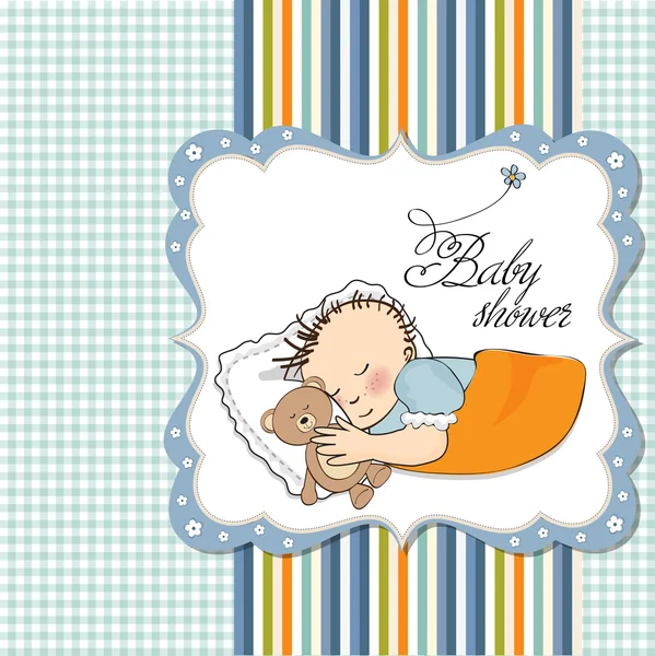 Lilla baby boy sömn med sin Nalle leksak. Baby Dusch-kort — Stockfoto
