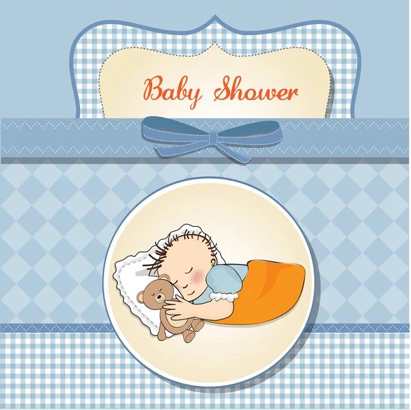 Маленький хлопчик спить зі своєю іграшкою плюшевого ведмедя. Дитяча душова картка — стокове фото