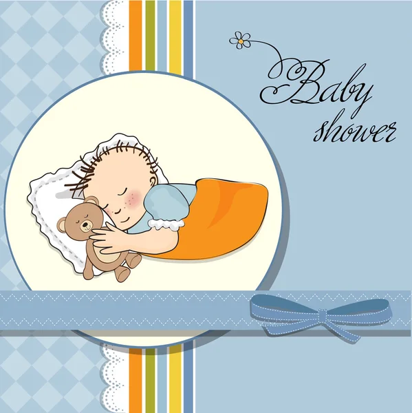 用他的玩具熊玩具小宝宝男孩睡眠。婴儿洗澡卡 — 图库照片