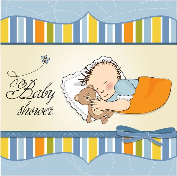 彼のテディー ・ ベアのおもちゃとの小さな赤ちゃん男の子睡眠。ベビー シャワー カード — ストック写真