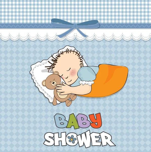 Chłopiec dziecko mało snu z jego zabawka Miś. dziecko prysznicem karty — Zdjęcie stockowe