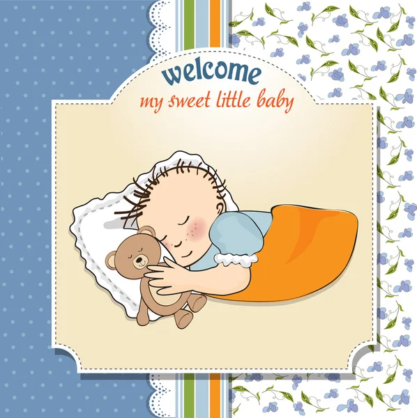 El niño duerme con su osito de peluche. Tarjeta de ducha bebé — Foto de Stock