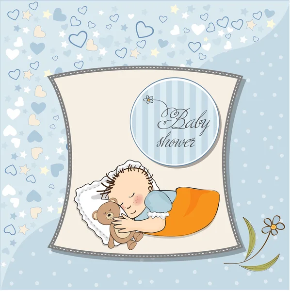 Little baby boy sleep with his teddy bear toy. Baby shower card — Stock Photo, Image