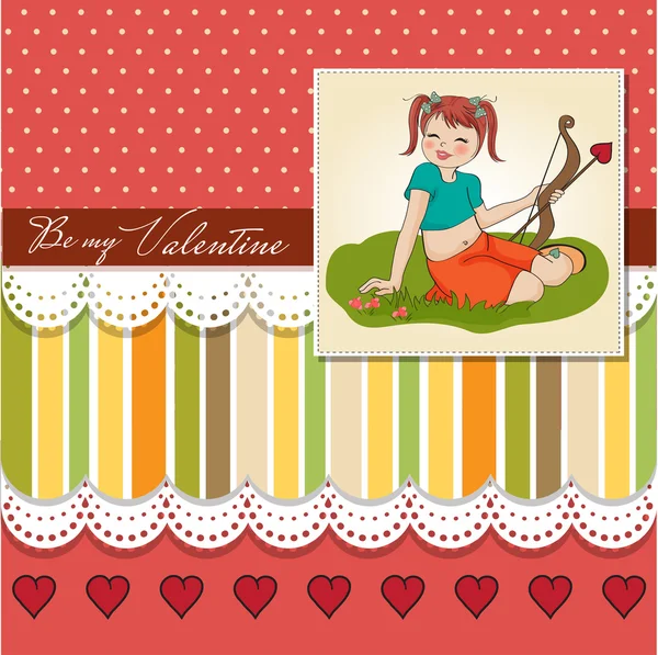 Junges hübsches Mädchen mit Amor-Bogen. Valentinstag-Karte — Stockfoto