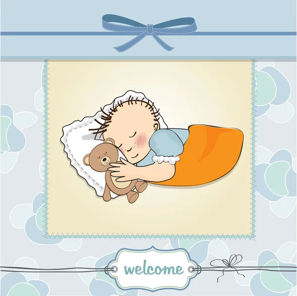Little baby boy sleep with his teddy bear toy. Baby shower card — Stock Photo, Image