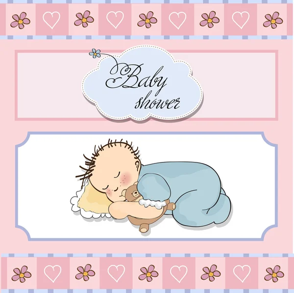 Baby shower card z małym chłopcem spać z jego pluszowego misia zabawki — Zdjęcie stockowe