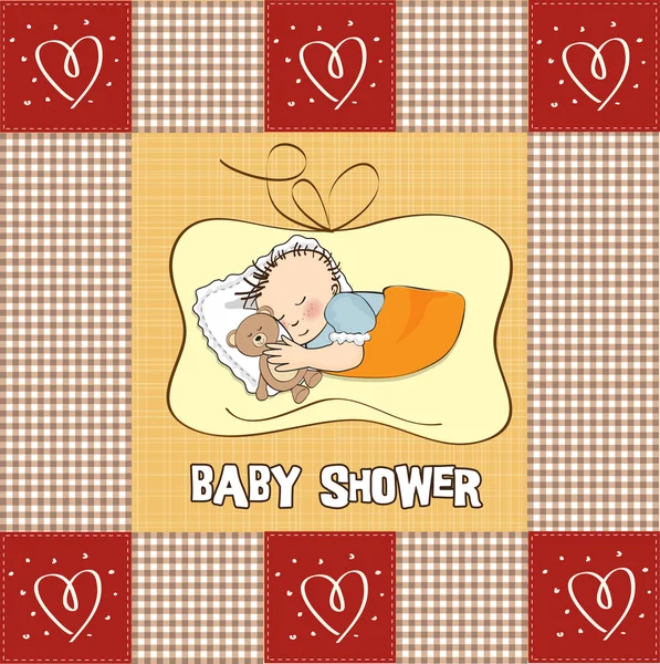 Chłopiec dziecko mało snu z jego zabawka Miś. dziecko prysznicem karty — Zdjęcie stockowe