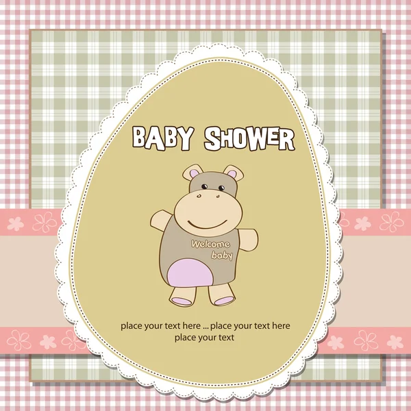 Cartão de chuveiro infantil bebê menina com brinquedo hipopótamo — Fotografia de Stock